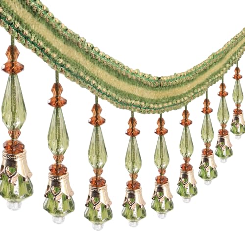 3Yard Beaded Fringe Trim Decorative Tassel Border for Curtains Tablecloths Home Decor Bohemian Style Beaded Edging for DIY Crafts (Green)