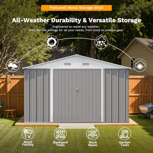Image of Patiowell 10 x 12 FT Metal Storage Shed for Outdoor with Floor Frame, Steel Yard Shed with Design of Lockable Doors, Utility and Tool Storage for Garden, Backyard, Patio, Outside use, Grey