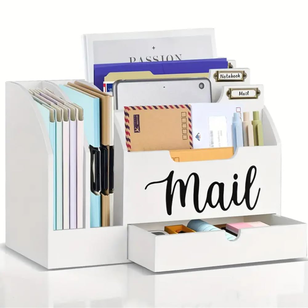 Niciksty Wood Desktop Mail Organizer, Fantasyon Mail Organizer Countertop with 6 Compartments and Drawer, Wood Desk Drawer for File Letter Paper Folder, White
