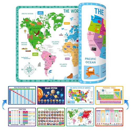 4 Pack Double-Sided Placemats, Washable & Reusable Table Mats -Math, Universe, Periodic Table, US President, Human Body, Map of USA & World Educational Placemats for Home, Kindergarten, Classroom