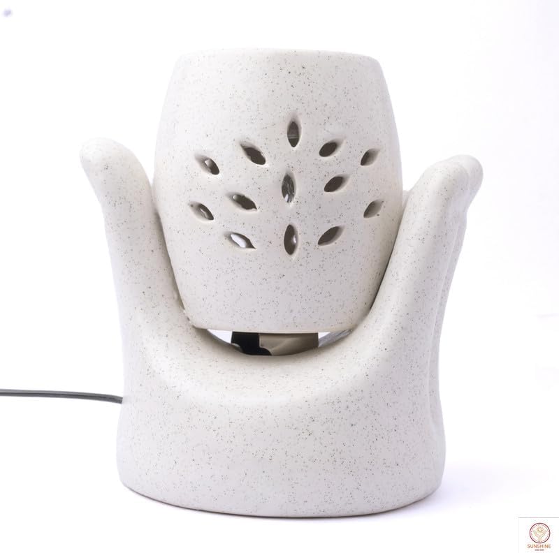 SUNSHINE GLOBAL SOURCE Ceramic Hand Design Aroma Electric Diffuser Burner with 10ml Rose Aroma Oil for Living Room, Bedroom | Decoration Items - White Color