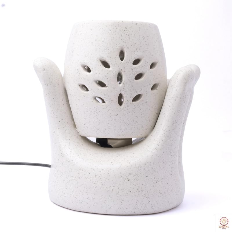 SUNSHINE GLOBAL SOURCE Ceramic Hand Design Aroma Electric Diffuser Burner with 10ml Rose Aroma Oil for Living Room, Bedroom | Decoration Items - White Color