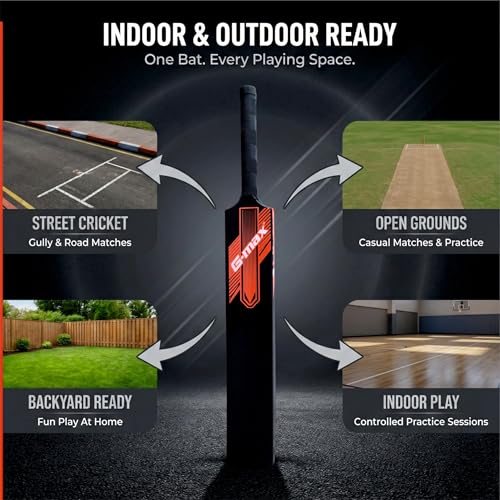 Image of G-Max Nuke Full Size Premium Cricket Hard Plastic Bat for Tennis Ball Play with Massive Sweet Spot, Standard Size for Ages 12+, 800g, Black Colour