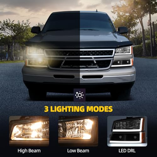 Image of DWVO LED DRL Headlight Assembly Compatible with 03-06 Silverado Black