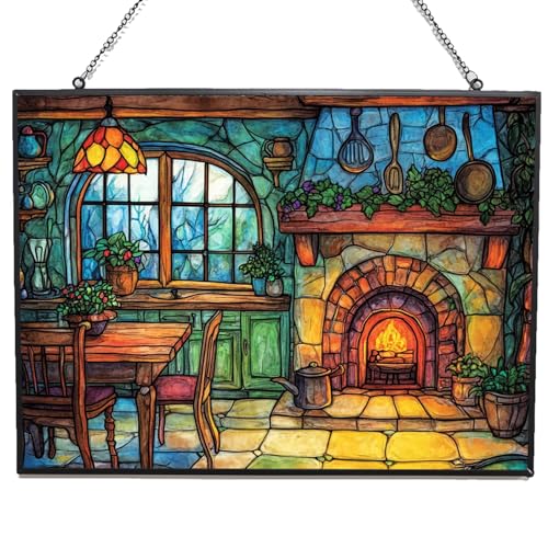 365CUSGIFTS Customized Rectangle Cartoon Kitchen Stained Glass Window Hangings, Handcrafted Stained Glass Suncatchers, Gift for Cat Lovers Nature Lovers 15