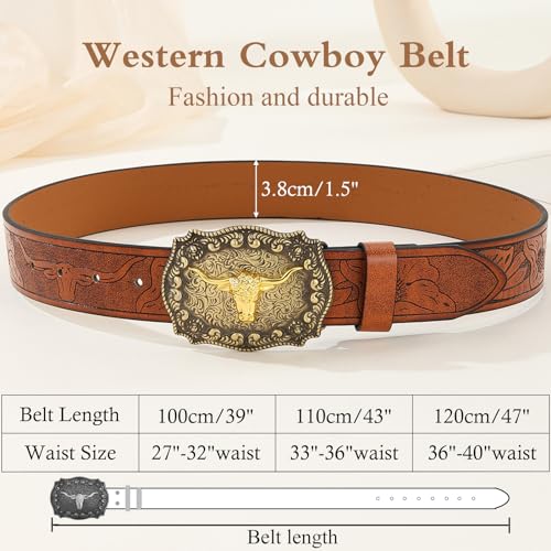 Western Pu Leather Belt - Mens Brown/Black Belt with Long Horn Bull Western Buckle - For Jeans2