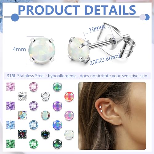 YADOCA 21 Pairs Hypoallergenic Surgical Steel Stud Earrings for Women Men Tiny Small CZ Opal Moonstone Turquoise Earrings Studs Set Piercing Jewelry2