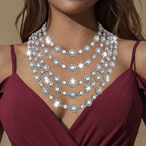 Jeairts 1920s Layered Rhinestone Collar Necklace Silver Sparkly Crystal Bride Wedding Necklaces Jewelry for Women2