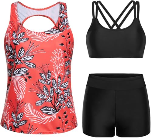 Image of Yonique 3 Piece Tankini Swimsuits for Women Swim Tank Top Bathing Suits with Boy Shorts and Bra Athletic Swimwear