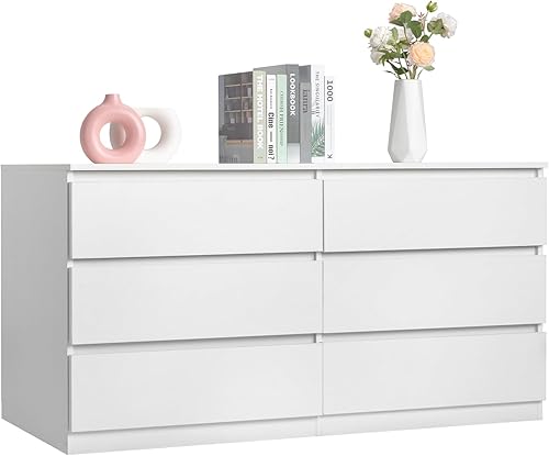 Spaco Cómoda de 6 cajones, cómoda blanca para dormitorio, cómoda de almacenamiento de madera moderna, cómoda de soporte de TV para dormitorio, sala