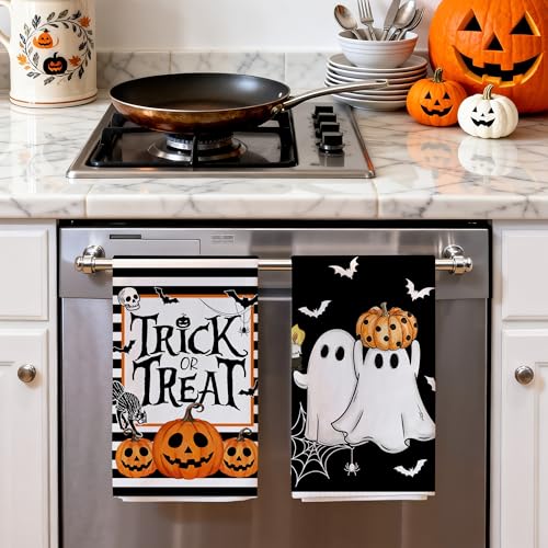 Image of Hexagram Halloween Kitchen Towels, Black Halloween Hand Towels for Bathroom | Ghost Decor, Pumpkin Decor, Stripe Dish Towel, Set of 2, Trick or Treat Decorations, 18x28 Inch, Autumn Gifts