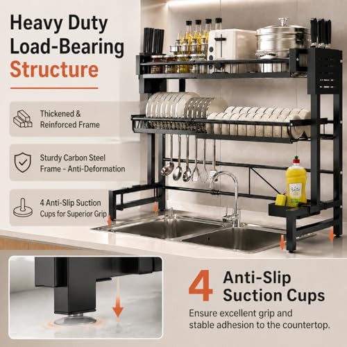 Image of COMFYHOME Over Sink Dish Drying Rack for Kitchen- 2-Tier Carbon Steel Kitchen Organizer with Utensil Holder & Cutting Board Slot - Expandable Length 23.6 inch-39.3 inch(Black)