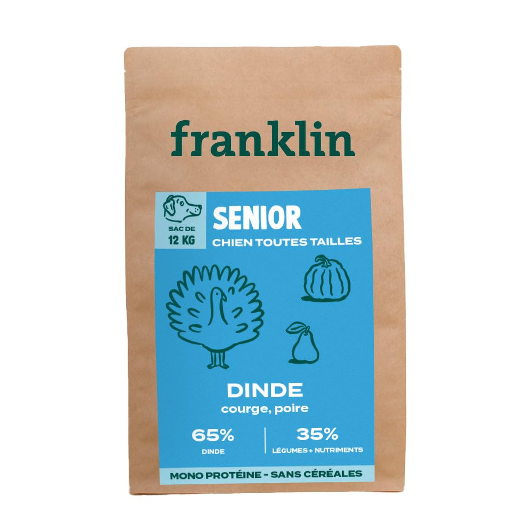 Franklin - Croquetas Sin Grano - Perro Adulto - 100% Natural - Hipoalergénico - Digestión óptima - Pavo, Calabaza, Pera - 12kg