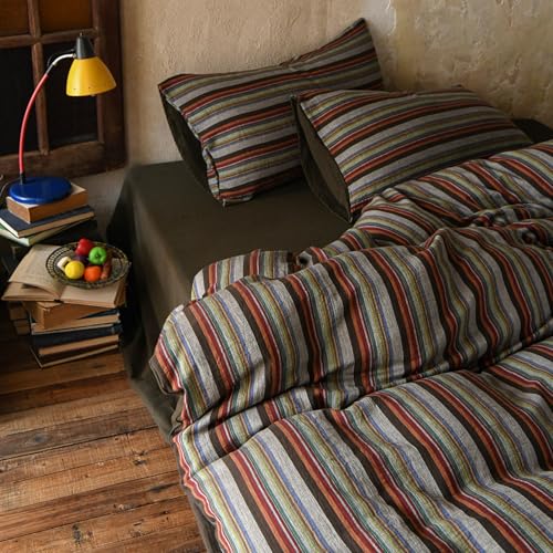 Image of VM VOUGEMARKET Vintage Striped Double Layer Gauze Duvet Cover Set Queen,Boho Multicolor Stripes Bedding Set,Soft Breathable Muslin Cotton Comforter Cover for Cottagecore Cozy Cabin Bedroom Decor