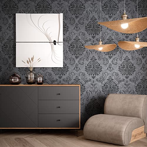 NEWROOM Barocktapete Tapete Grau Ornament Barock Vliestapete Schwarz Vlies moderne Design Optik Barocktapete Wohnzimmer Glamour inkl. Tapezier Ratgeber