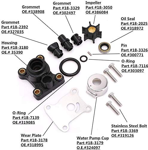 Image of Water Pump Repair Kits with Housing for Johnson Evinrude 1974-UP 8-15HP 18-3327,394711,0394711,386697,391698,389112,387610
