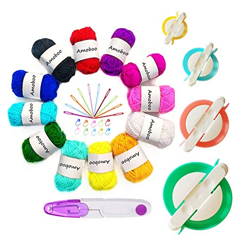 Pompom Makers, 4 Sizes Fluff Ball Weaver Needle Pompom Maker Sets-DIY Pompoms Craft Doll Making Kits Contain 12pcs Yarn + 1pcs Scissors + 10pcs Knitting Stitch Markers + 10pcs Plastic Needles (37)