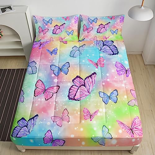 Datura home Fitted Mattress Pad Set for Girls Kids,Watercolor Butterfly Printed Mattress Pads Cover with 1 Quilted Fitted Sheet & 2 Pillowcases(Butterflies Full)