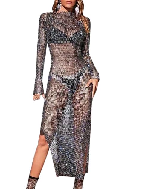 Edary Mesh Sparkly Dress Black Rhinestone Dresses Bikini Sexy Glitter Sheer Cover Up Long Dresses for Women