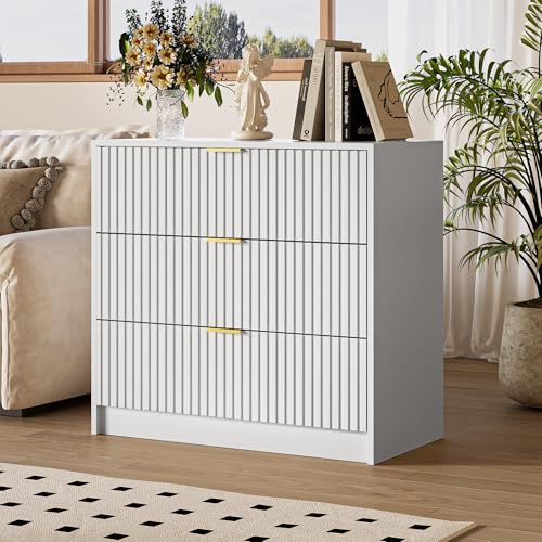 Image of MAISONARIA White Fluted Dresser for Bedroom, 32 Inch Wide Nightstand with Large Drawer, 3 Drawer End Table for Bedroom, Living Rooms, Offices, and Entryways
