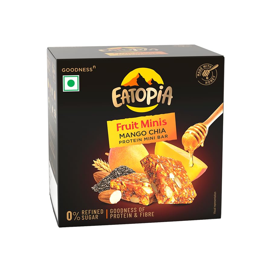 Eatopia Mango Chia Fruit Minis | Sugar Free Healthy Energy Bars | No Preservatives & Refined Sugar | Dry Fruits Protein Bars | Healthy Food | Oats & Honey, Nuts & Seeds | Pack of 1 (5 Minis)
