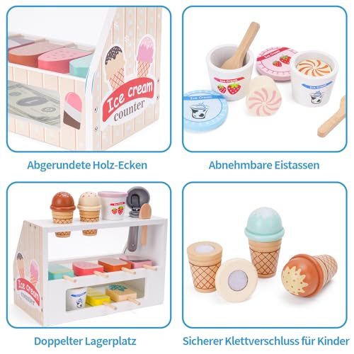 Eisdiele Kinder Holz, Kinderküche Zubehör ab 3 Jahre, Holzspielzeug Spielküche Zubehör, Eisladen Kinder Holz Einkaufsladen, Montessori Spielzeug Weihnachten Kinderspielzeug für Jungen Mädchen