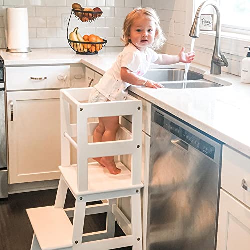 Wooden Kids Montessori Step Stool for Toddlers with Non-Slip Mat - Kitchen and Bathroom Helper (White)