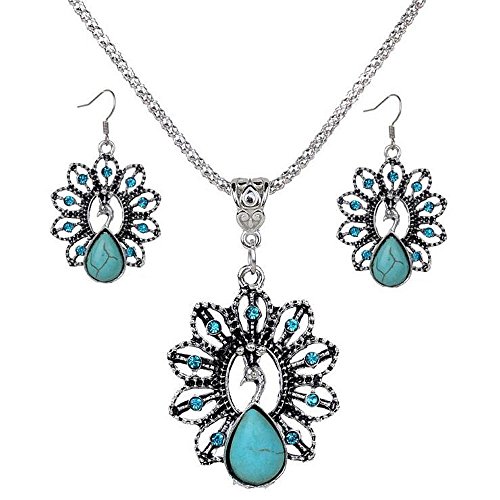 A&C Fashion Bohemia Turquoise Peacock Shaped Necklace and Earring Jewelry for Women. Unique Indina Girl Turquoise Necklace and Dangle Jewelry. (Necklace + Earring)