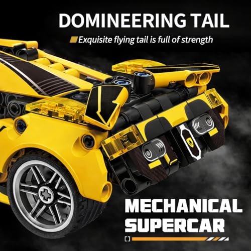 Image of Rush 1:18 Scale Pull Back Racing Car Building Block Set (422 PCS) - Yellow Ferrari Style | DIY Model Car Kit for Kids & Adults | Compatible Racing Brick Toy for Collectors