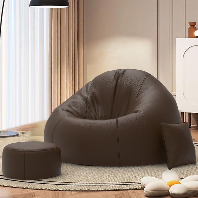 ComfyBean Bag with Beans Filled XXXL Bean Bag with Free Cushion and Round Footrest - Official : Relaxation Range (Color : Brown)