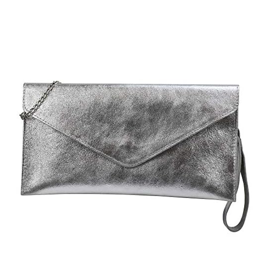 SH Leder Borsa a tracolla in vera pelle, piccola borsa da sera, in pelle scamosciata o metallizzata, 31,5 x 16,5 cm, Palma G299, argento, s