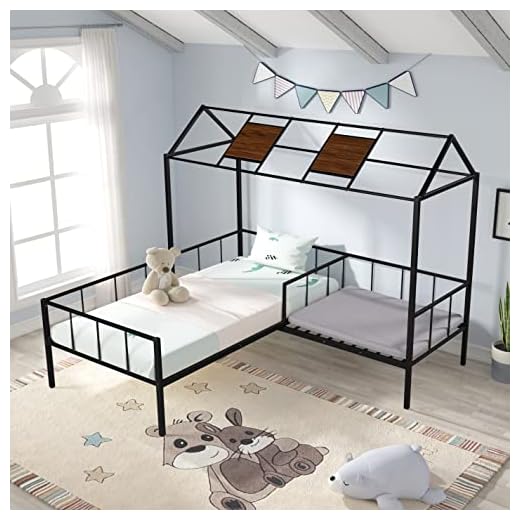 Oudiec Twin Size House Bed Playbed with Seating Area and Roof Design, Metal L-Shape,Easy to Assemble for Kids, Girls, Boys, Black