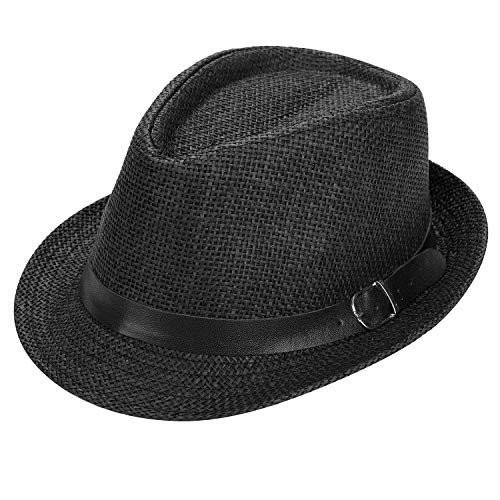 Image of SIQITECHNO Straw Fedora Sun Hat Straw Cowboy Hat for Women Men Classic Short Brim Fedora Trilby Roll Up Panama Jazz Beach Cap