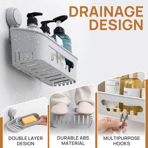Image of LEVERLOC Shower Caddy Suction Cup Set Shower Organizer & Soap Holder & Toothbrush Holder, Bathroom Shelf Basket NO-Drilling, Removable Suction Storage Waterproof Bathroom Caddy, Gray