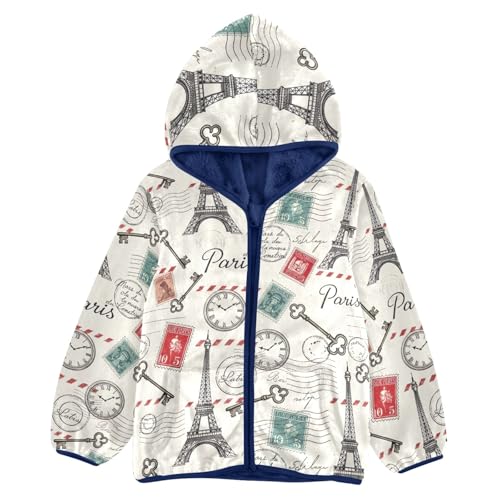 CHIFIGNO Vintage Eiffel Tower Kids Hooded Jacket, Warm Light Fleece Outerwear Jackets 3T