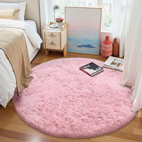 OLANLY Pink Round Rugs for Bedroom - Machine Washable, 6 ft Circle Area Rugs for Living Room, Soft and Fluffy Shaggy Carpet for Teen Girls and Boys, Nursery Rooms, Dorms, Home Decor Aesthetic