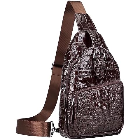 PIJUSHI Crocodile Leather Sling Bag for Men Crossbody Chest Daypack Bag(PE004 Coffee Croco) Cover