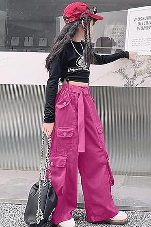 AOWKULAE Girls Cargo Multi Pocket Wide Leg Pants with Belt Kids 6-16 Years
