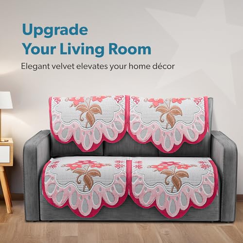 Image of Kuber Industries (Set of 4) Stylish & Durable Cotton Sofa Covers 2 Seater | Washable Sofa Protector /Mat & Slipcover for Hall, Living Room & Office | Painting Design-White & Pink