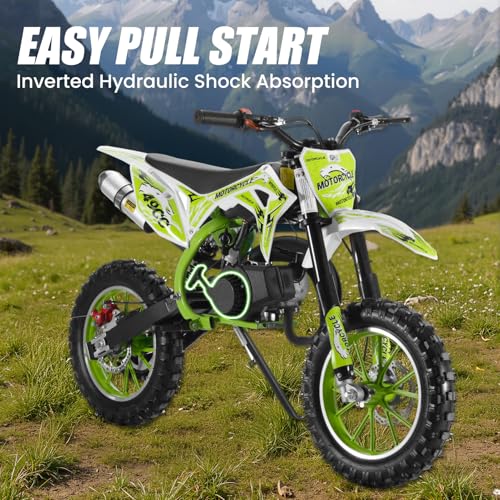 Image of 50cc Dirt Bike for Adults & Kids-Kids Dirt Bike 2-Stroke Gas Powered Off Road Motorcycle Mini Bikes 40 MPH for Uphill and Off-Road Conditions Pull Start motos para ninos USA Stock Green