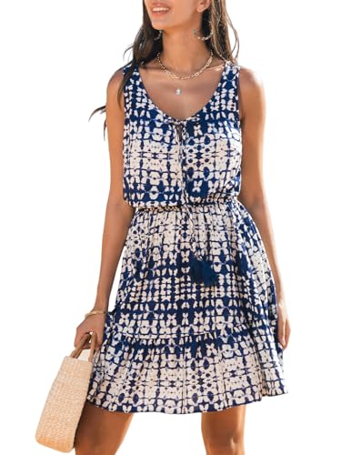Image of CUPSHE Women's Tie Dye Summer Dress Sleeveless Mini Dresses Tassel Trim Elastic Waist Scoop Neck Short Beach Sundress