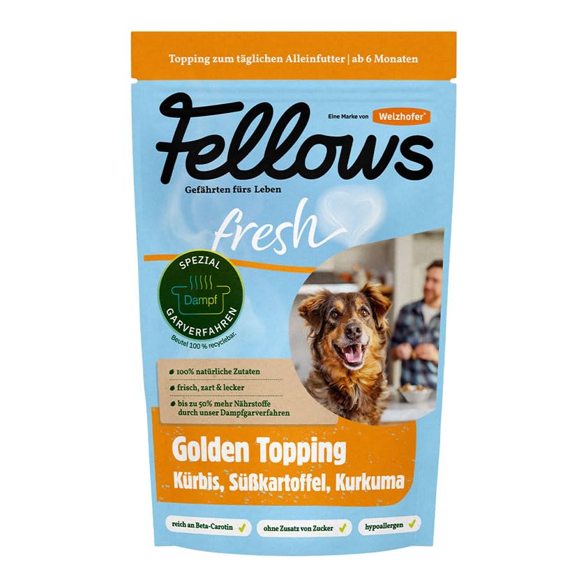 Fellows Golden Topping für Hunde - Ergänzungsfuttermittel mit Kürbis, Süßkartoffel, Kurkuma, vegetarisch, fördert Flüssigkeitsaufnahme, Vitaminboost, als Hunde EIS geeignet, Barf-geeignet, 9 x 200 g