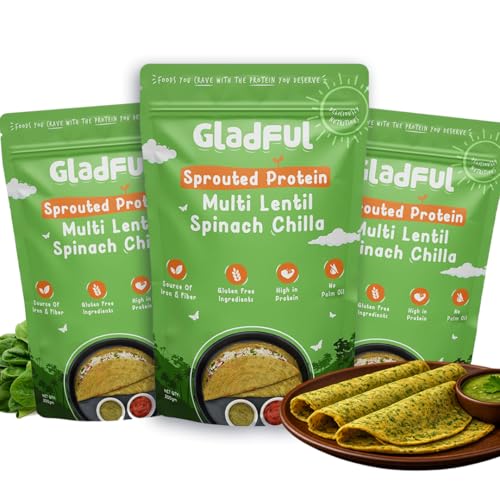 Image of Gladful Sprouted Protein Spinach Instant Chilla Mix - No Maida, No Palm Oil, Gluten Free, Diabetic friendly, High Fiber, 200 g (Pack of 3)