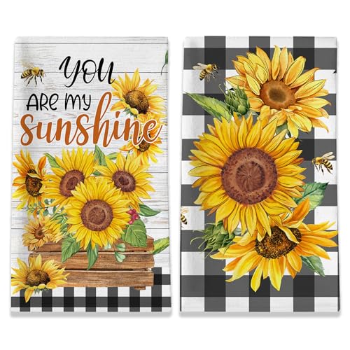 Unibyby Sunflower Kitchen Towels, You are My Sunshine Dish Towels Set of 2, Farmhouse Sunflower Kitchen Decor, Summer Floral Buffalo Plaid Yellow Hand Towels for Housewarming (18x26 Inches)