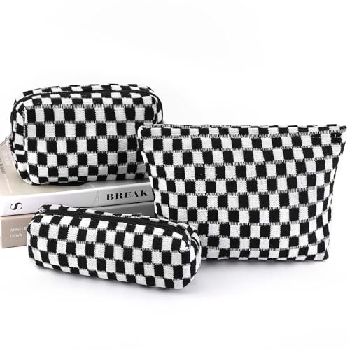 EIMMBD Makeup Bag 3 Pieces Large Capacity Checkered Cosmetic Bags Travel Toiletry Bag Organizer Cute Makeup Pouch Storage for Women(Black)