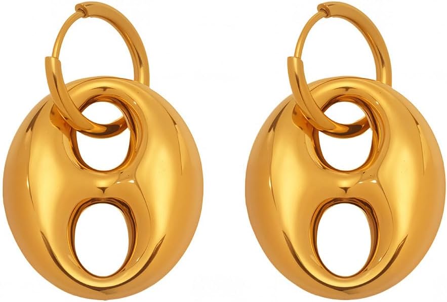 GulCean Chunky Gold Hoop Earrings For Women,18k Gold Plated Stainless Steel Trendy Lightweight Large Coffee Beans Dangle Drop Huggie Earrings Non Tarnish Jewelry