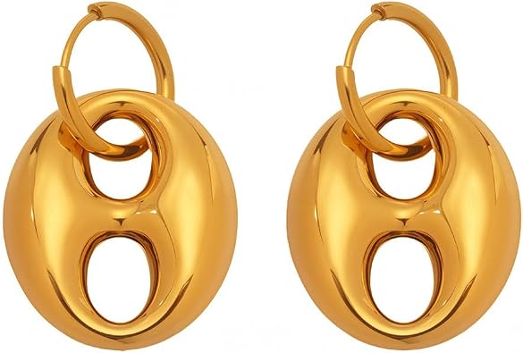 Chunky Gold Hoop Earrings For Women 18k Gold Plated Stainless Steel Trendy Large Lightweight Coffee Beans Dangle Huggie Earrings Non Tarnish Jewelry