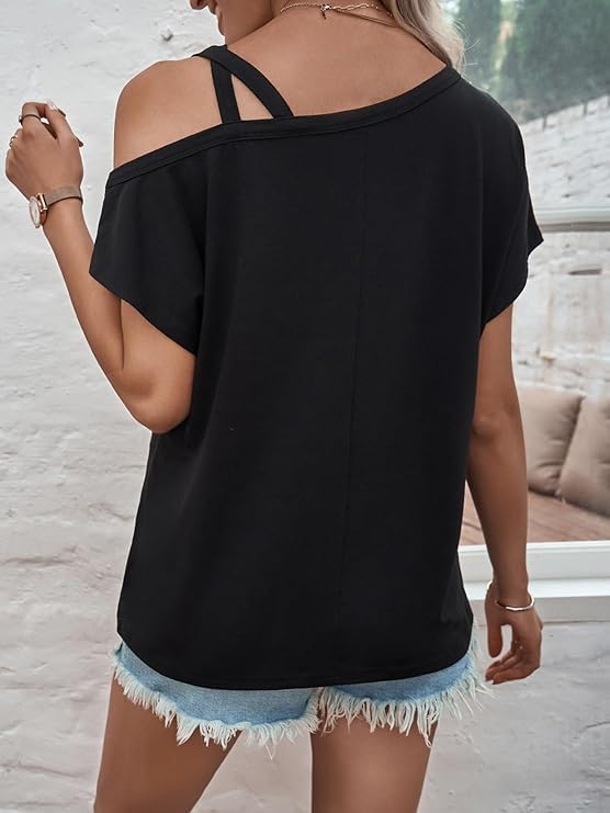 Chvity Womens Criss-Cross One Shoulder Tops Casual Short Sleeve Cold Shoulder Solid Loose Fit Summer Tops Tees - Image 3