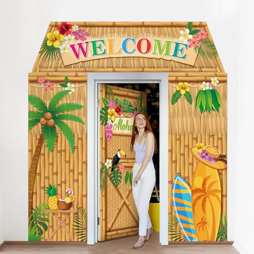 Image of VitalCozy 4 Pcs Hawaiian Party Decorations Aloha Door Covers Summer Tropical Aloha Luau Backdrop Hanging Banner Porch Sign for Indoor Outdoor Decorations Summer Birthday Party Photo Backdrop