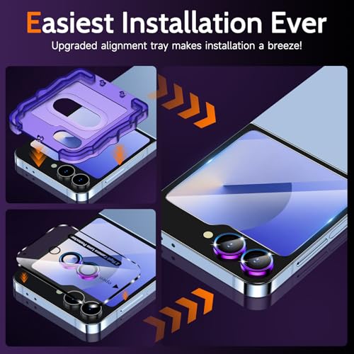 YWXTW EZ Alignment for Samsung Galaxy Z Flip 6/Z Flip 7 FE Screen Protector, 2 PCS Front Tempered Glass Cover Screen Protector+1 Set Camera Lens Protector, Bubble Free & Anti Scratch (Multi-Coloured 1+2) — view 2